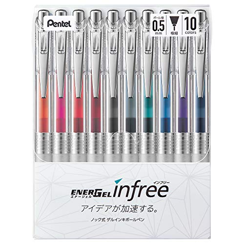 Pentel Stylo bille à encre gel, EnerGel, Infree, 0,5 mm, corps transparent, BLN75TL-10, 10 couleurs