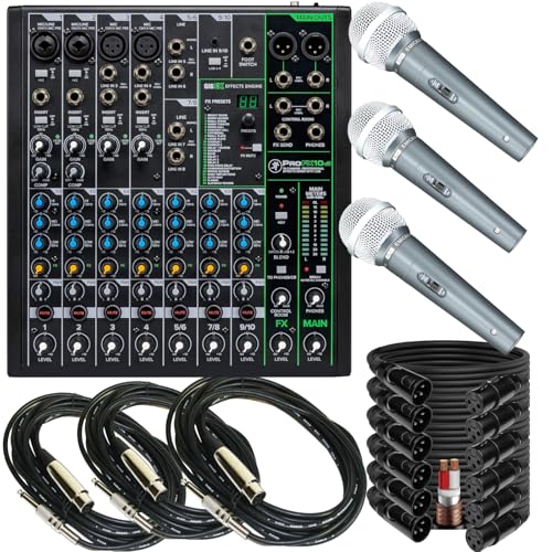 Mackie ProFX10v3 10-Channel Mixer with USB, Built-in Effects, 3 Microphones & 6 XLR Cables Bundle