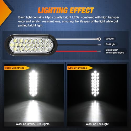 Image of Nilight 6 inch Oval Trailer Tail Light 4PCS White Red 24LED Brake Reverse Lights