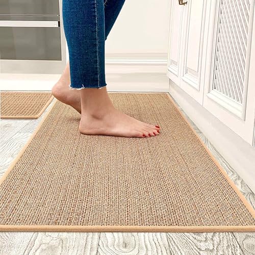 MOMENT 2 Pcs Set Kitchen Mats and Rugs for Floor 44x75cm+44x120cm Long Washable Non Slip Woven Runner Rug Rubber Grip Kitchen Floor Carpet Mats for Front of Sink Laundry Room Hallway (Khaki)