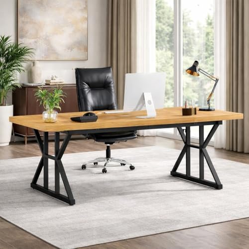 Image of Executive Computer Work Desk | Wooden Office Table for Home, Office, Workstation, Study | Strong Metal Frame Computer Table (Walnut Cream)