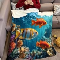 Blue Blanket 70 x 100 cm Three colorful fish Print Cozy Flannel Fleece Throw for Sofa Couch Bed Chair Fluffy Plush Soft Blanket for Kids and Adults