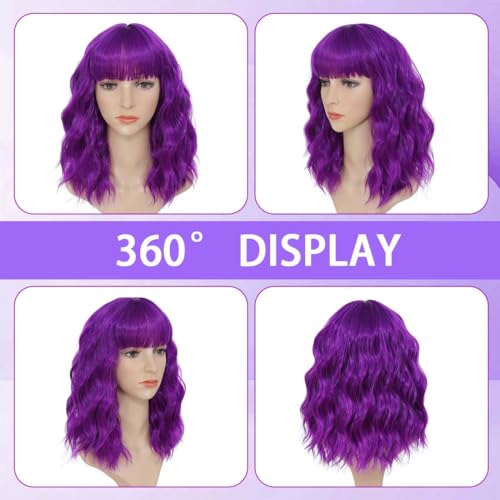 Image of Pastel Dark Purple Wavy Bob Wig for Women, Short Shoulder Length Synthetic Wig with Bangs, Matte Natural Realistic Look Lightweight Hairpiece, Purple Color for Daily Wear & Cosplay Costume