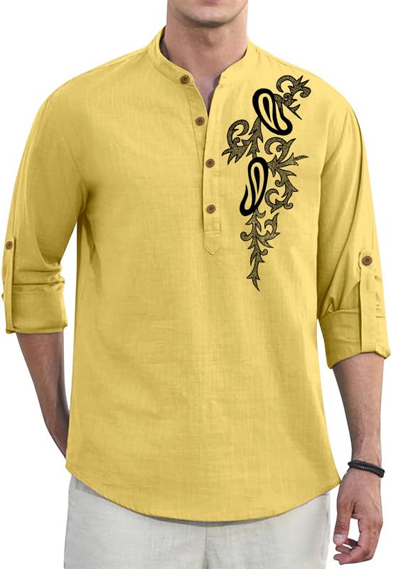 Image of Men's Printed Cotton Blend Short Kurta | Regular Fit Casual Kurta Shirt for Men with Mandarin Collar | Ethnic