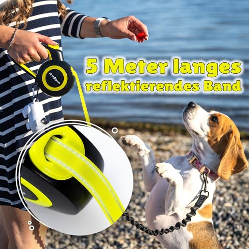 FirstPaw Rollleine Für Hunde bis 20 kg - Ausziehbar Hundeleine 5m, Reflektierendes Band, ergonomisches Design, bissfeste Materialien, leichtes Bremssystem, Zubehörring für Kotbeutel oder Taschenlampe