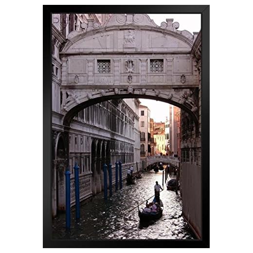 Gondola Under Bridge of Sighs Venice Italy Photo Black Wood Framed Art Poster 14x20
