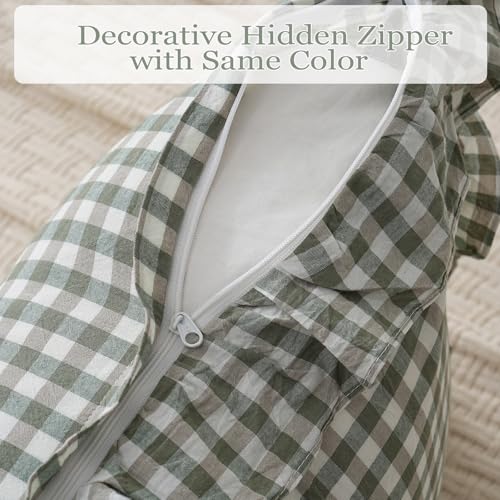 2 Pack Sage Green/White Plaid Ruffle Throw Pillow Covers Farmhouse Checkered Chic Washed Cotton Pillowcases Gingham Pillow Shams for Bed, Sofa, Living Room-20"x20" Sage Green