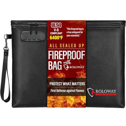 ROLOWAY Fireproof Document Bag (14.5 x 11.5 inch), 6400℉ Fireproof Money Bag with Zipper for Cash, Fire Safe Money Pouch with Lock (Black)