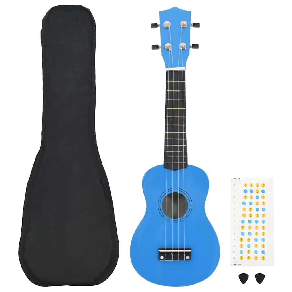 Juego de ukelele soprano de madera de tilo azul bebé 21 pulgadas con bolsa, 2 púas y escala para principiantes, escuela de música, conciertos y orquesta, instrumento de cuerda ligero para