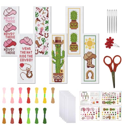 FREEBLOSS 6 Set Cross Stitch Bookmark Stamped Cross Stitch Kit with Western Cowboy Patterns Embroidery Kit with Instruction DIY Bookmark Kit for Gift Adults 8.66''x3.14''