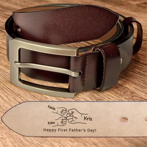 Personalized Dad Belt First Father's Day - Custom Fist Bump Engraved Leather 2 Sided Belts, Customized Handmade Belt, Gift For Husband on Father's Day, Fathers Day Gift From Wife3