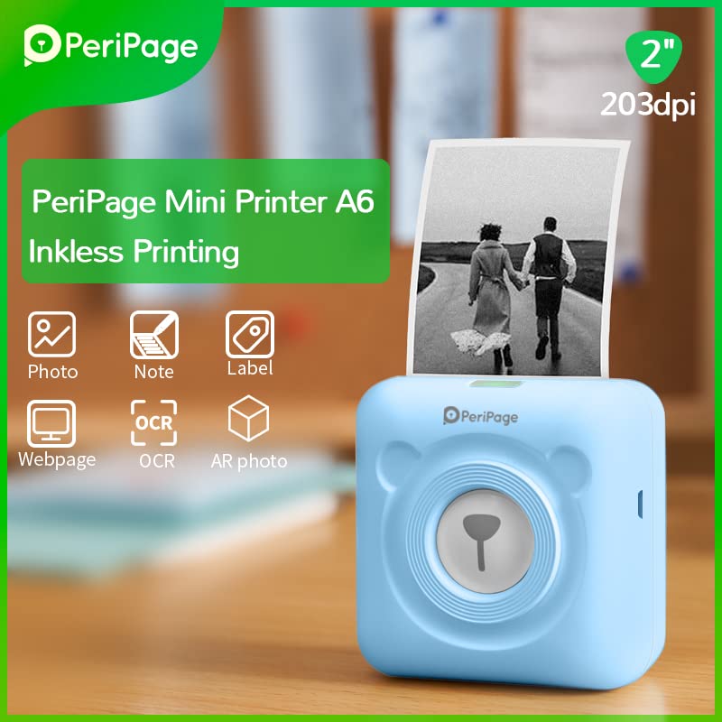 Image of PeriPeri PeriPage A6 Mini Thermal Printer (1Year Warranty) Inkless Bluetooth Pocket Printer for Print Picture List Memo Tags Barcode Receipt Labels. (Blue)