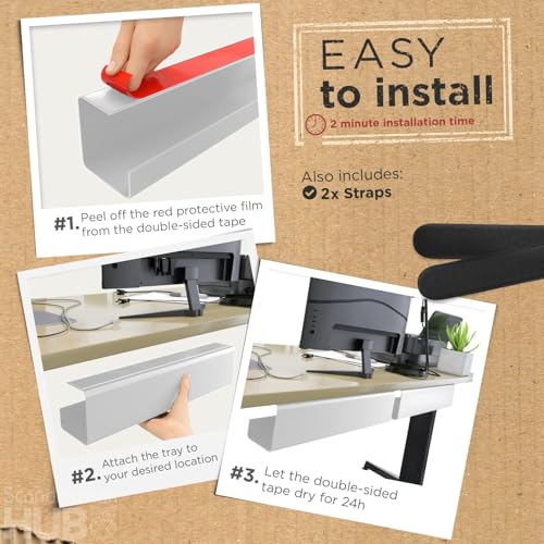 Image of No-Screw Under Desk Cable Management Tray - Self-Adhesive Installation, Cord Management, Cable Tray, Under Desk Wire Organizer - White Set of 2