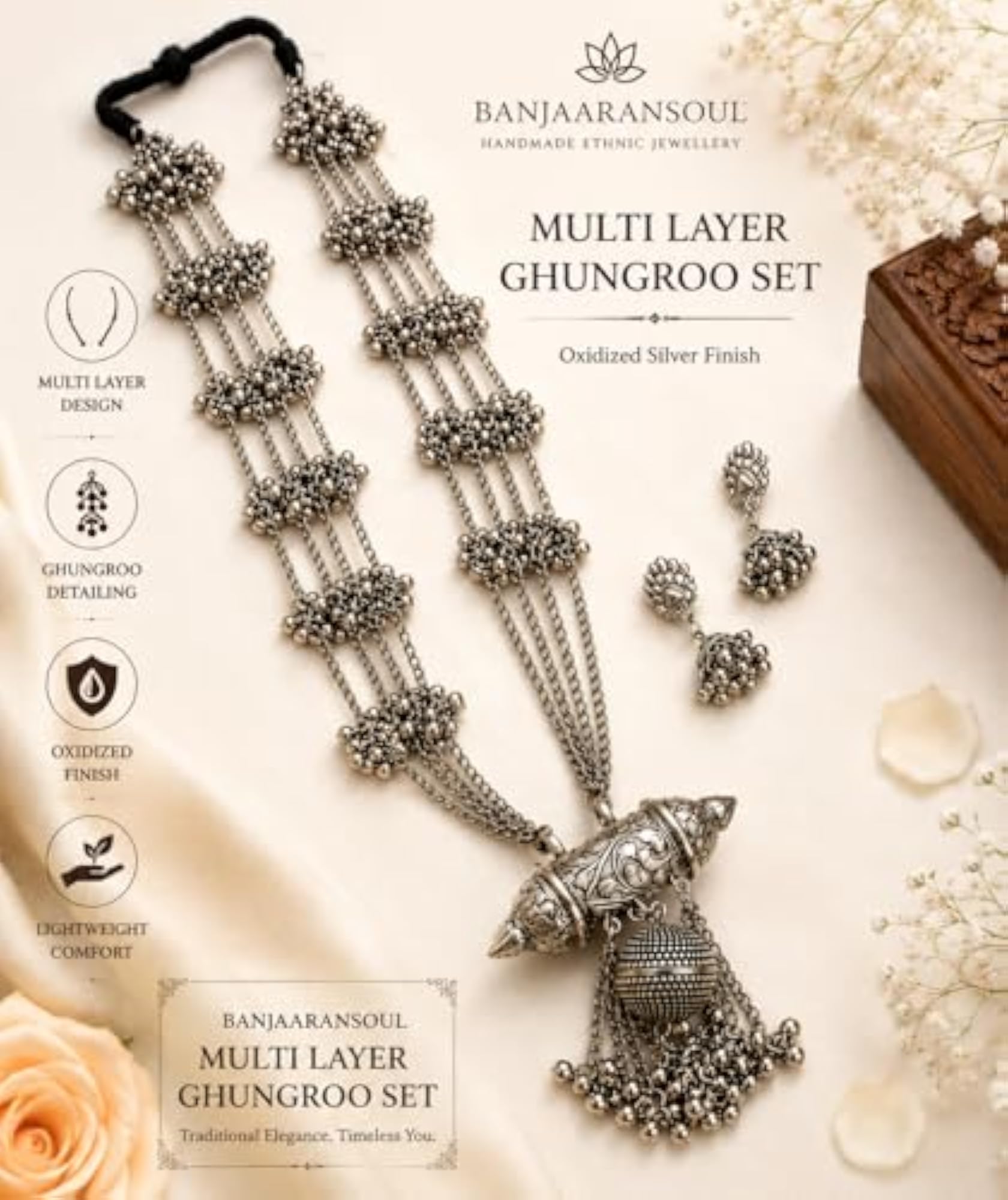 Oxidised Silver Tone Multi Layer Ghungroo Necklace Set with Earrings