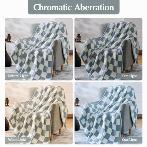 WRENSONGE Checkered Throw Blanket, Grey Blue Soft Cozy Fluffy Warm Hand Made Throw Blankets for Couch, Sofa, Chair, Bed, Camping, Picnic, Travel Lightweight Bed Blanket - 60"*80"