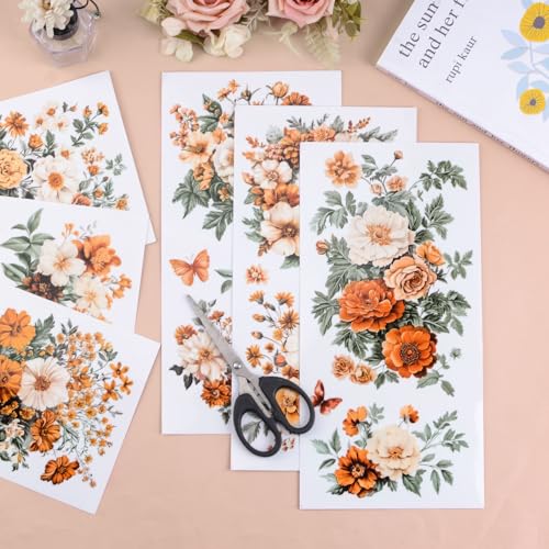 HICOHAND Rub on Transfers for Crafts 6 Sheets 15cmx30cm/5.91 * 11.81in Vintage Orange Floral Patterns Waterproof UV DTF Furniture Transfer Stickers for DIY Crafts Wood Glass Farbic - Image 4