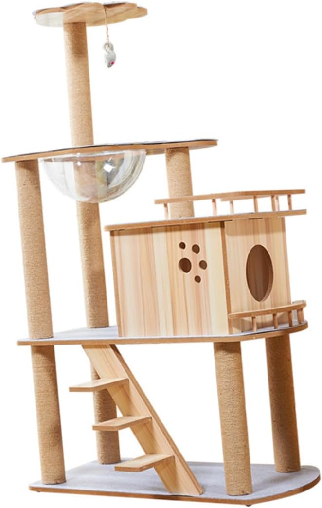 POPETPOP Large Wooden Cat Tree with Felt Cover Multipurpose Cat Climber and Scratching Post and Adult Felines