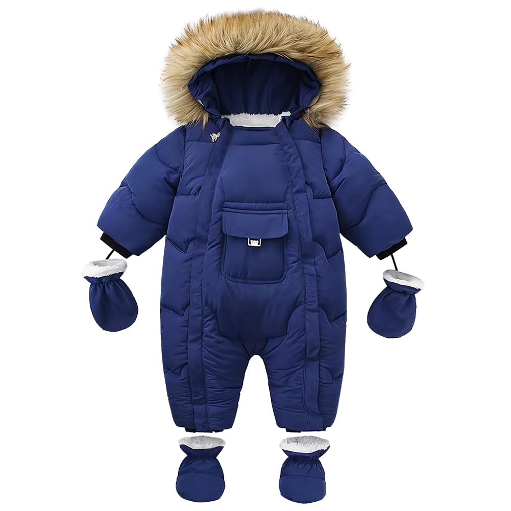 L SERVER Baby winteroverall jongens winddicht warm skipak meisjes fleece dikke sneeuwoverall stijlvol sneeuwpak met bontkraag capuchon, zeeblauw, 92-98