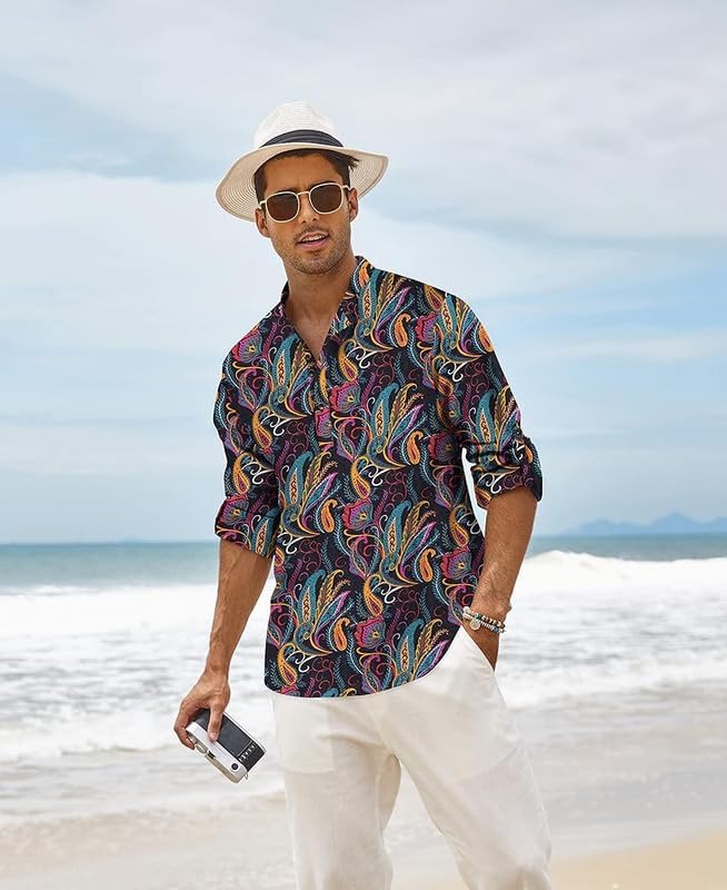 Image of Men's Cotton Blend Full Sleeve Printed Short Kurta with Mandarin Collar Crafted from a Premium Cotton Blend
