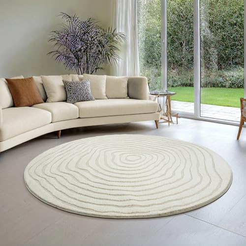 the carpet Everest - Moderner Kurzflor Teppich Hoch-Tief-Struktur, 3D-Effekt, weiche Oberfläche und hohe Flordichte, ideal für Wohnzimmer & Schlafzimmer, Creme, 120 cm Rund