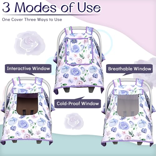 Image of Baby Carseat Seat Cover Girls, Winter Carseat Canopy, Cozy & Warm Cover with Zipper Peep Windows, Infant Minky Carrier Cover, Soft Breathable, Baby Must Have, Purple Romantic