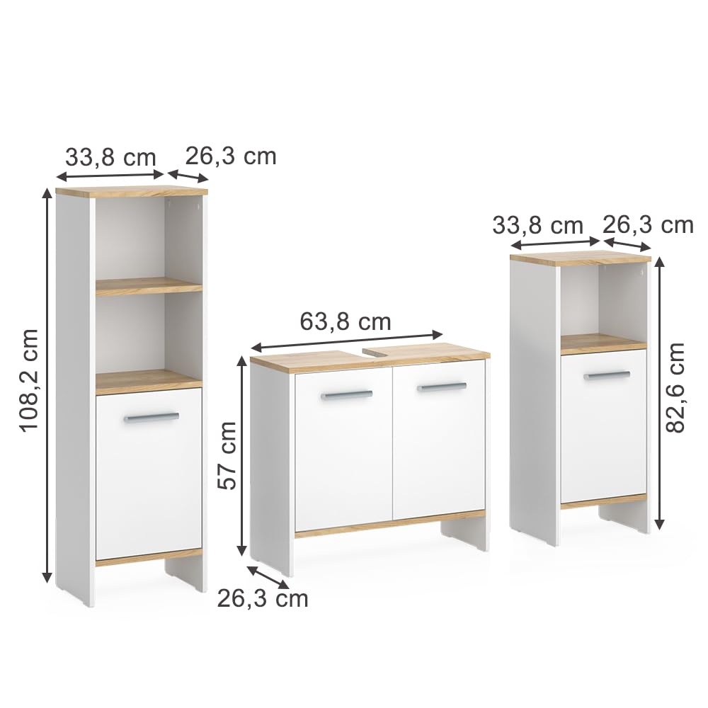 Vicco Ensemble de Meubles de Salle de Bains Karli, Chêne Blanc/Force de l'or, 131.4 cm, composé d’Un Meuble sous-lavabo, d’Une Armoire de Toilette et d’Une Colonne