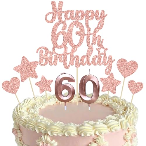Gyufise 15Pcs Happy 60th Birthday Cake Topper Set with Heart Star Glitter Cheers to 60 Years Cake Picks Number 60 Candles Cake Decorations for Happy 60th Birthday Anniversary Party Supplies Rose Gold