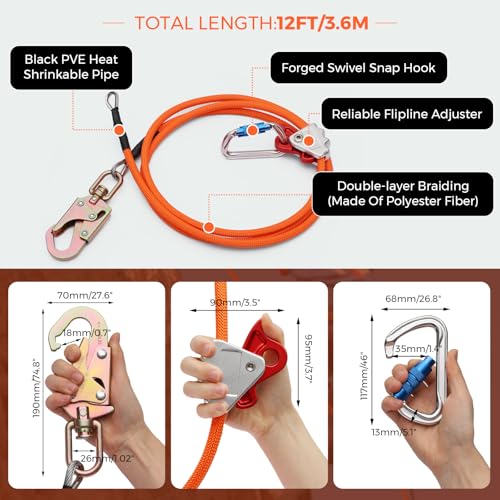 Image of Flip Line Tree Climbing Rope 1 /2 inch X 12ft Steel Core Flipline with Triple Lock Carabiner Adjuster Steel Swivel Snap for Fall Protection,Better Grab,Cut Resistant,Climbing Tree Equipment