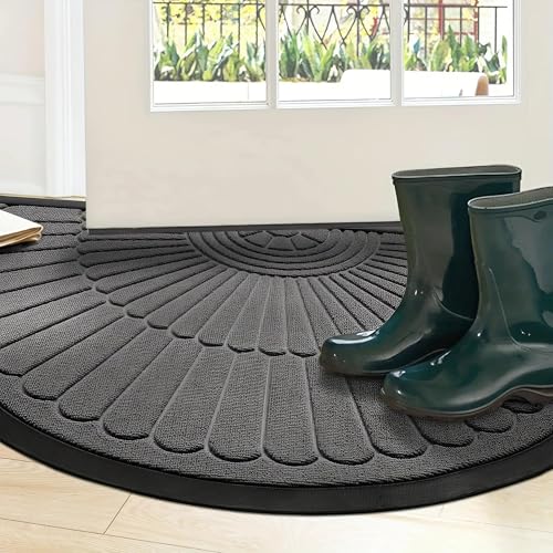 Image of Semicircular Durable Rubber Non Slip Front Door Mat for Outside Inside Entry Entryway | Dirt Trapper Welcome Mat for Muddy Paws and Shoes, Grey, 45x75 cm