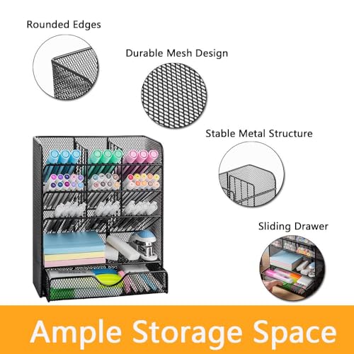 Spacrea-Metal-Pen-Organizer-Pencil-Holder-for-Desk-Desk-Organizer-with-Drawer-for-School-Home-Art-Supplies-Black
