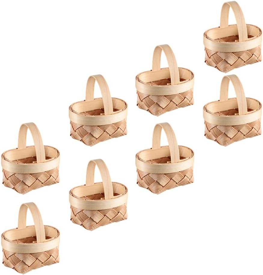 Beavorty Woven Baskets with Handles Miniature Picnic Baskets with Handles 8pcs Small Wood Chip Baskets Dollhouse Tiny Woven Basket Favor Basket for Fairy Garden Crafts Decor