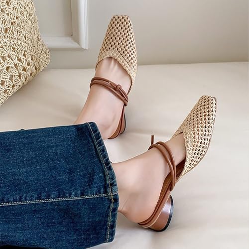 Women's Woven Low Block Heel Mules Square Closed Toe Slip On Backless Braided Heeled Sandals Dressy Summer Sandals3