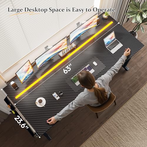 Image of DurayLoly 63 inch Gaming Desk with LED Lights,Computer Desk with Storage Bag for Home Office, Long Desk with Headphone Hook for Study Writing Work Wood Desk,Sturdy Metal Frame,Bedroom,Black