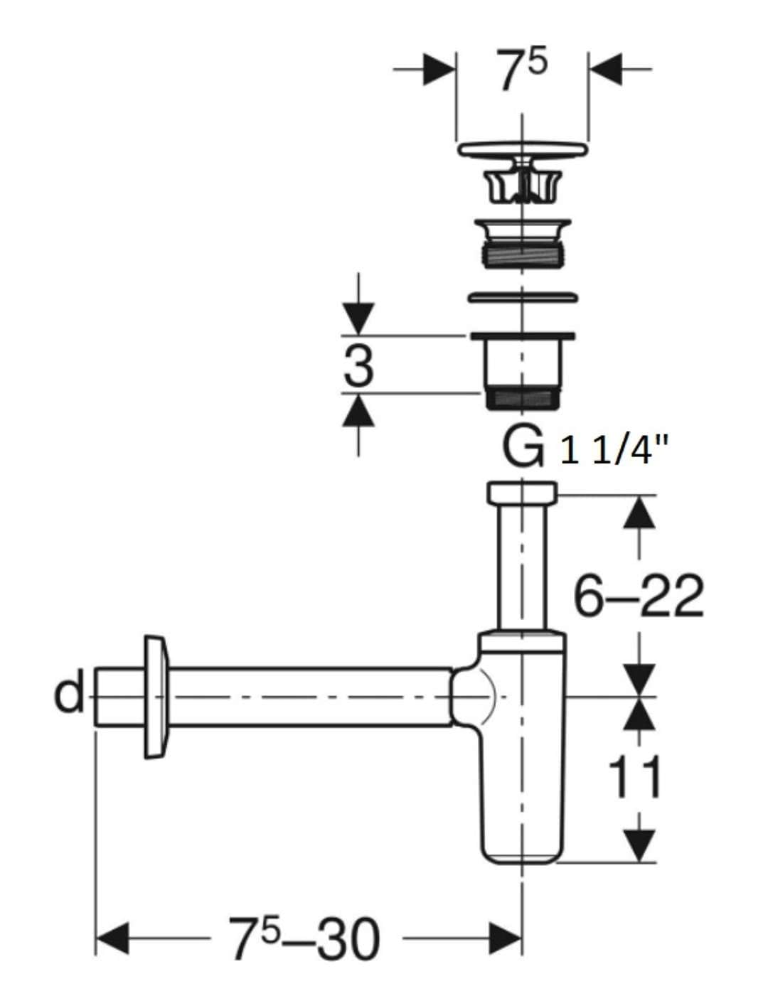 Desagüe de lavabo Geberit para Geberit ONE, sifón, tapa de válvula y manguito, salida horizontal, 151.019.01.1