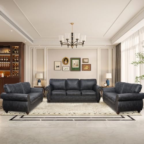 Image of Couchus 88 inch W Living Room Furniture Sets, Mid-Century Vintage Faux Leather Sofa and Couch Sets, Loveseat and Sofa Set with Nailhead Trim (Grey, 2 Loveseat+3 Seater)