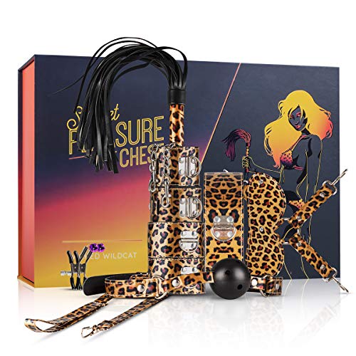 LoveBoxxx - Conjunto BDSM Estampado de leopardo Kit de Bondage con Bola mordaza- Esposas set- Conjunto de esclavitud- Máscara- Pezón abrazaderas y un collar con cinturón