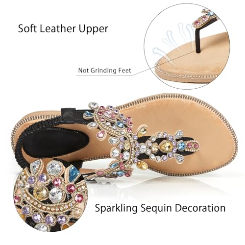 Image of iCKER Women Flat Thong Sandals Rhinestone Sparkly Boho Elastic Ankle Strap | Non‑slip,Matches Summer Dresses,for Vacation,Wedding,Evening and Festival