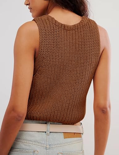 Image of SKIKYAN Womens Casual Knit Sweater Vest Button Down Sleeveless Crochet Crop Short Cardigans(Brown-XS)