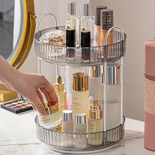 Image of JD FRESH 360 Degree Rotating Makeup Organizer 2 Layer Cosmetic Storage Box Vanity Stand with Drawers for Lipsticks Skincare Perfume Bathroom Countertop Dressing Table Organizer (Light Grey)