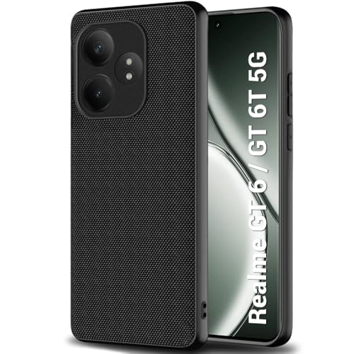 Image of TheGiftKart Back Cover Case for Realme GT 6 / GT 6T 5G | Slim & Lightweight | Ultra-Premium Design | Camera Protection Bump | Fabric Texture Case Cover (PC & TPU, Black)