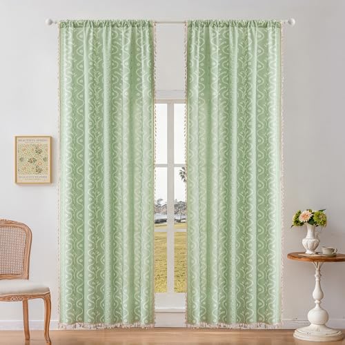 Image of Boho Curtains 84 Inch Long for Living Room, Bedroom, 2 Panels Floral Farmhouse Vintage Tassel Semi Sheer Light Filtering Privacy Window Curtain Drapes with Rod Pocket,Light Green