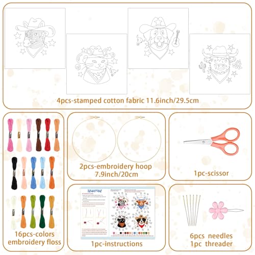 Image of BEUNITONE 4 Set Embroidery Kit for Beginners, Animal Cowboy Patterns Cross Stitch Kits, Needlepoint Kits for Adults with Hoop, Cute Hand Embroidery Patterns for Cloth and Home Decor