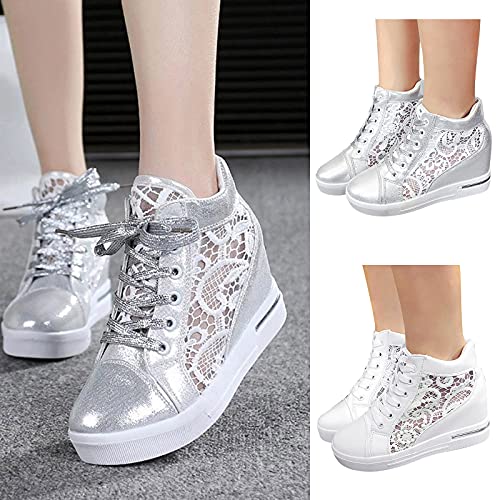 Eme-Rald Platform Hidden Heels Fashion Sneakers For Women Fashion Lace Crochet Lace Up Chunky Bottom High Heels High Top Skateboard Canvas Shoes Casual Leather Walking Slip On Work Shoes (Silver, 8) #TOP1