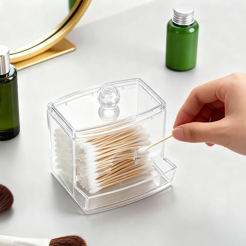 Qtip Holder Dispenser with Lids Clear Plastic Vanity Organizer Bathroom Storage Jars Durable Rectangle Canisters for Cotton Swabs
