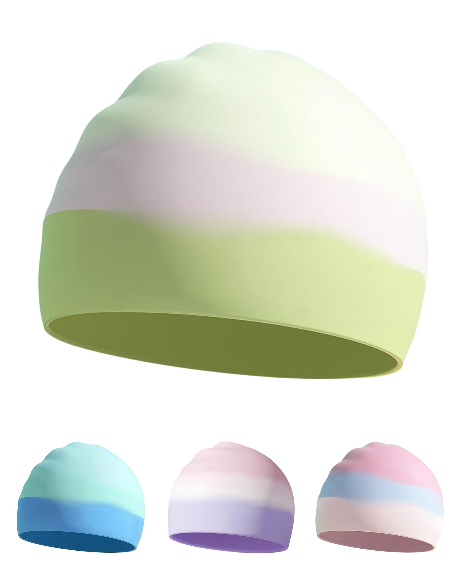 Kids Swimming Cap for Ages 6-14, Safe Silicone, Waterproof, Anti-Slip, Vibrant Gradient Colors (Green & Pink Gradient)