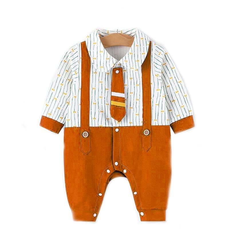Image of Bold N Elegant Cute Tie Newborn Cotton Full Sleeve Footless Baby Romper Onesie Buttoned Bodysuit for Newborn Infant Baby Boys Girls