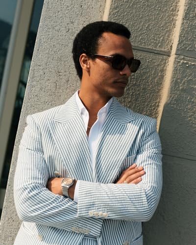 Mens Double Breated Striped Seersucker Suit 2 Piece Blazer Pants Beach Wedding Casual Lightweight Suit3