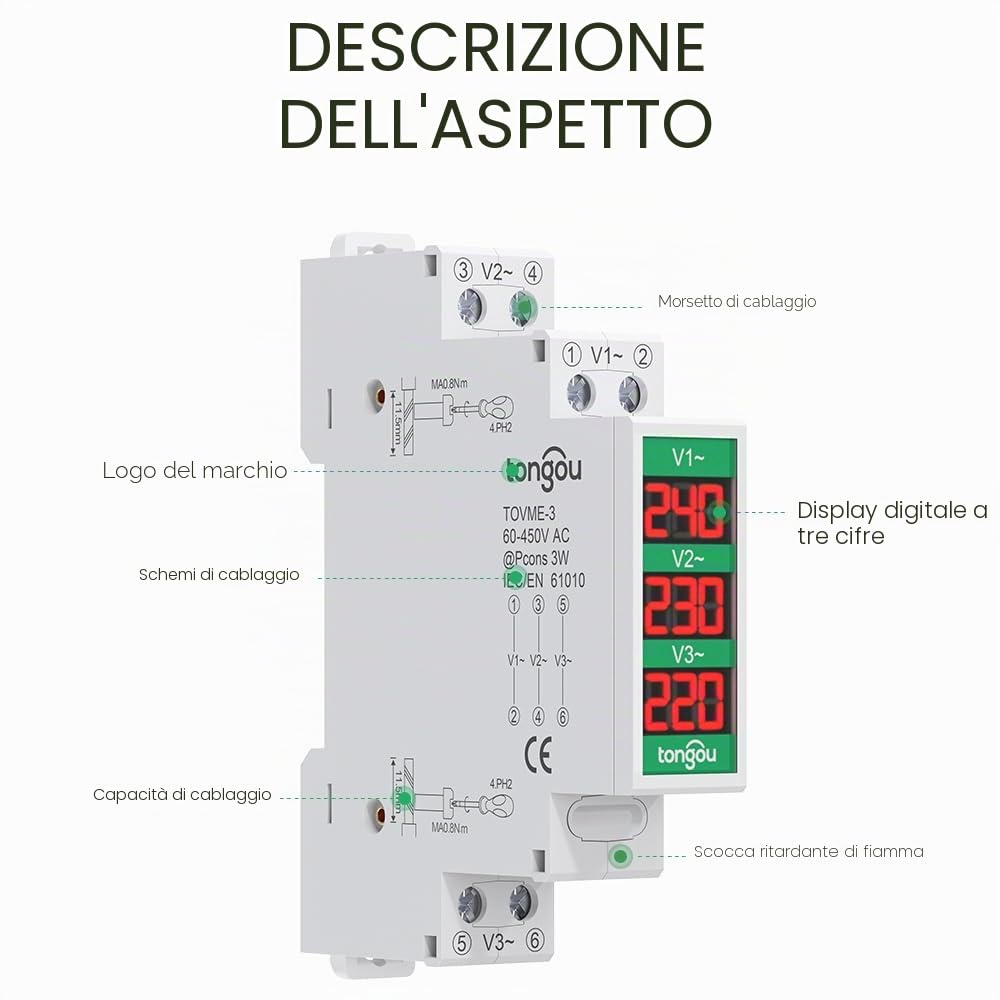 TONGOU - Mini misuratore di tensione modulare DIN Rail Mount trifase con display digitale a LED – Ac 60 – 450 V