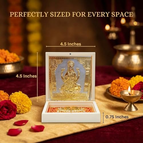 Image of Gold Plated Laxmi Pocket Temple for Pooja Room | Lakshmi Divine Pooja Boxes with Photo Frame & Charan Paduka | Diwali Gift & Home Decor (Medium - White) 4.5 Inch - Pack of 1