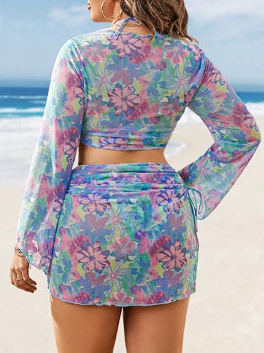 MakeMeChic Women's Plus Size 4 Piece Swimsuit Floral Halter Triangle Thong Bikini with Cover Up Set2